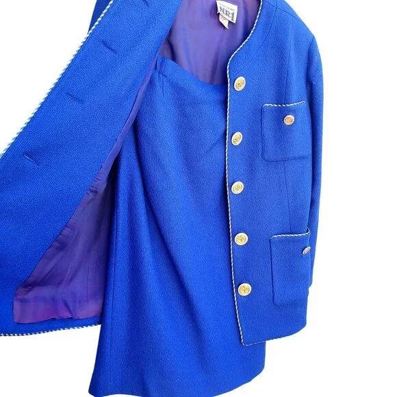 Vintage 80s Electric Blue Wool Power Skirt Suit L XL Rhinestone Buttons - Picture 4 of 13